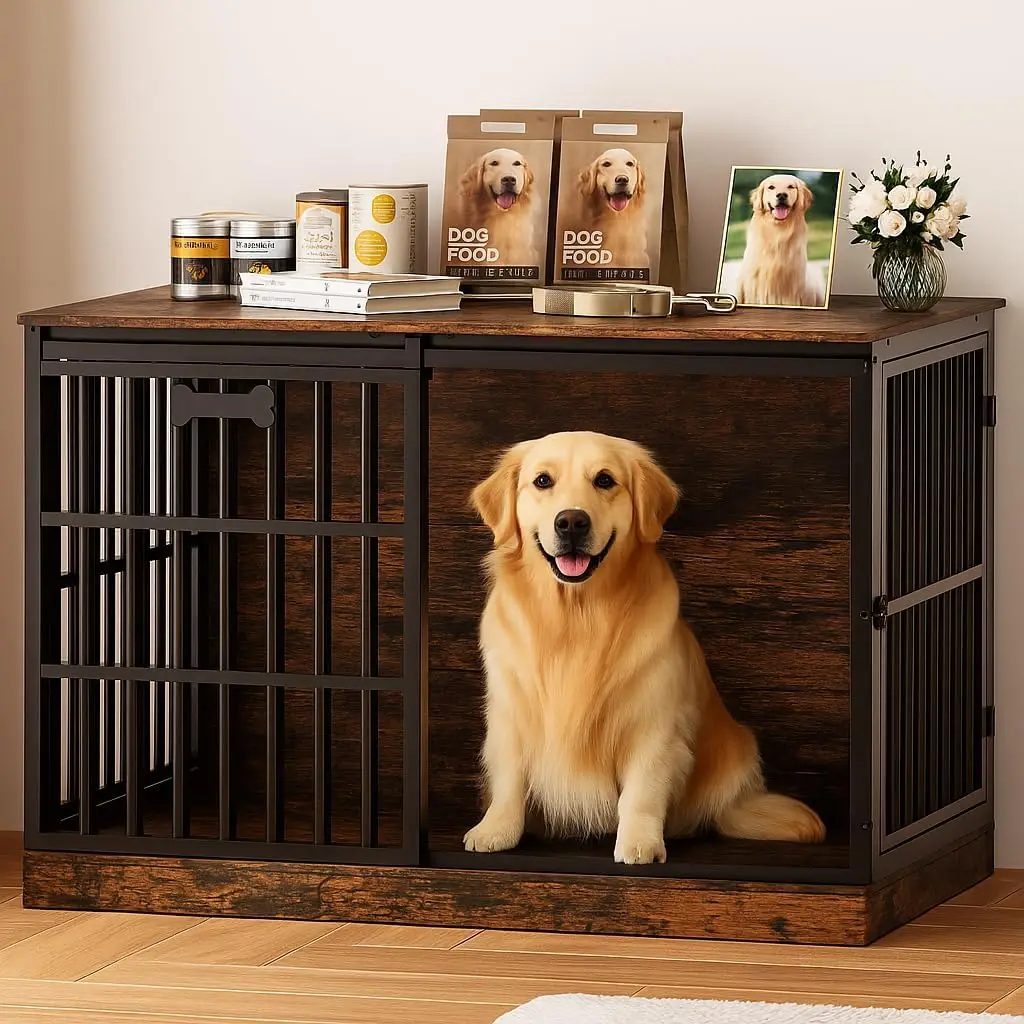 

47' Dog Crate Furniture for 1 Dogs, Heavy Duty Indoor Dog Kennel for Medium/Large Dogs, Wooden Dog