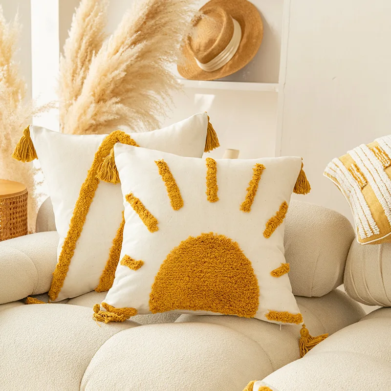 Bohemian Golden Sun Pillow Romantic Sunshine Fringed Circle Pillow Bedroom Sofa Home Cushion