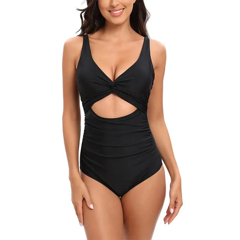 Sexy Women's One-Piece Swimsuit Deep V Pure Color 2024 New Arrival Mod Fabric mid Waist Five-Quarter Length Pan