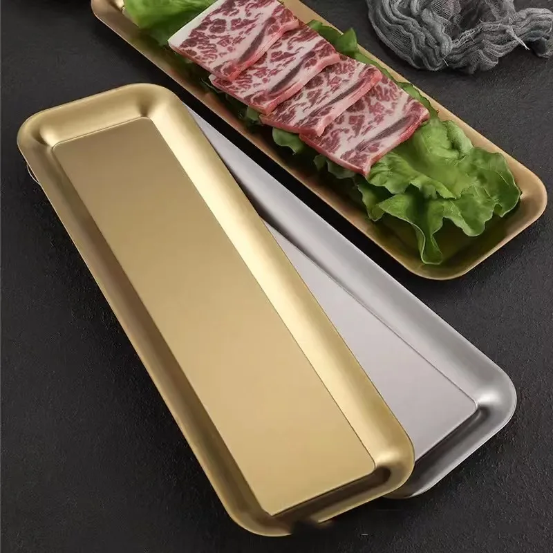 Korean version of 304 stainless steel rectangular plate, 40cm Strip plate, thick golden sushi plate, barbecue plate, flat plate