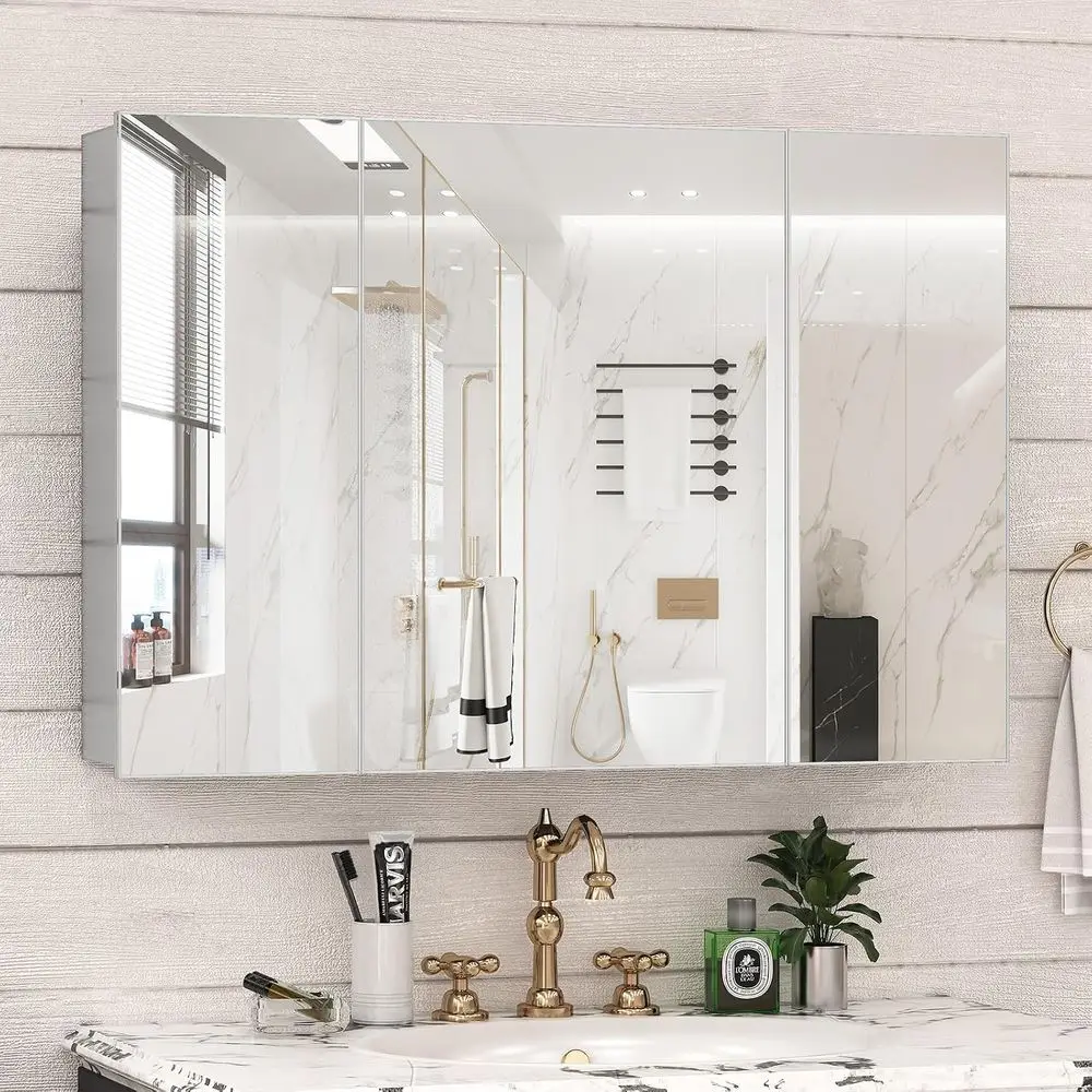 Large 40x28 Tempered Glass Medicine Cabinet with Mirror, Storage, and Silver Recessed or Surface Mount Option