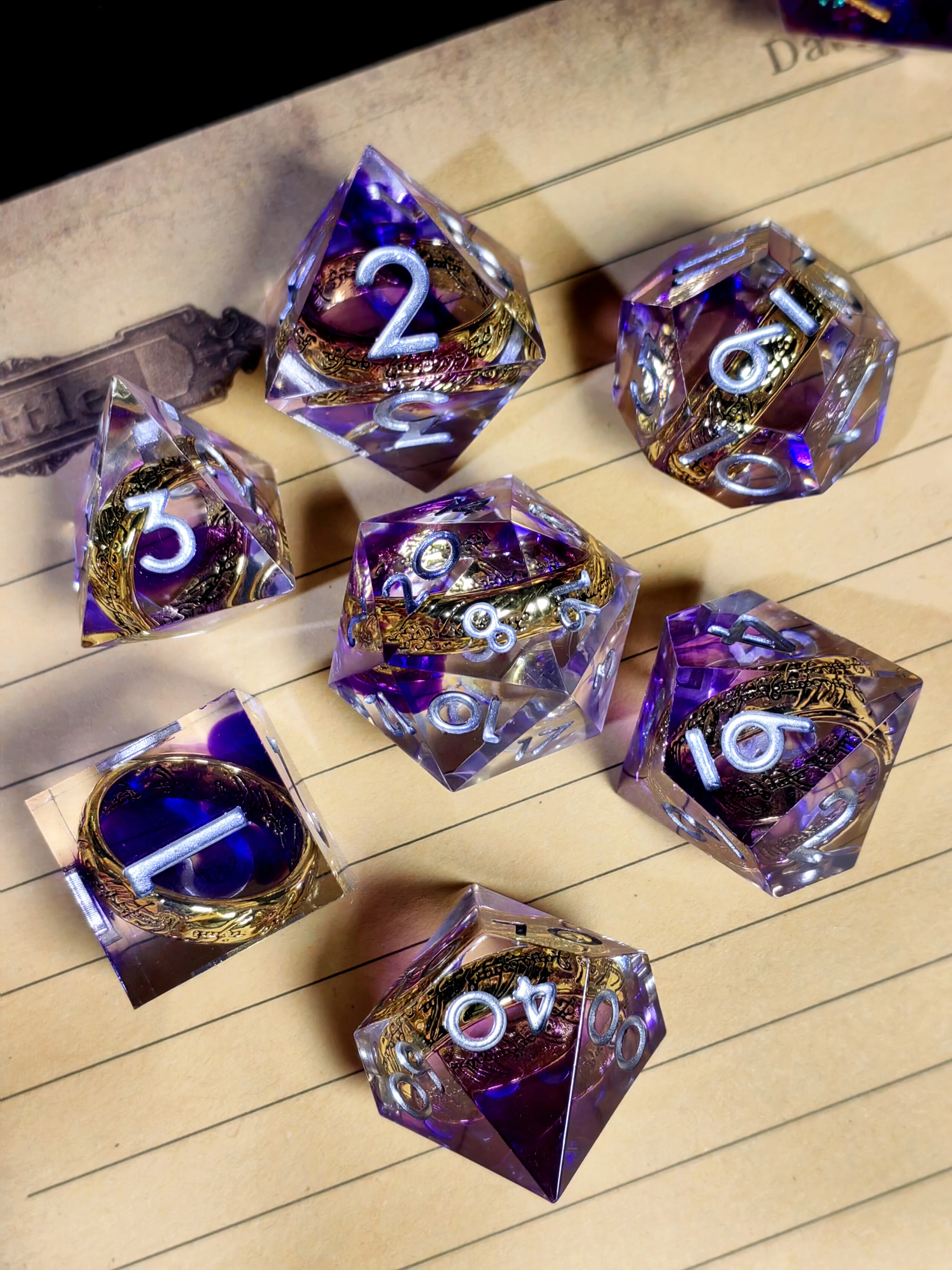 

DnD Dice Set - 7 Piece Sharp Edge Resin Dice with Built-in Ring, Light Purple with Silver Numbers, for D&D RPG Games