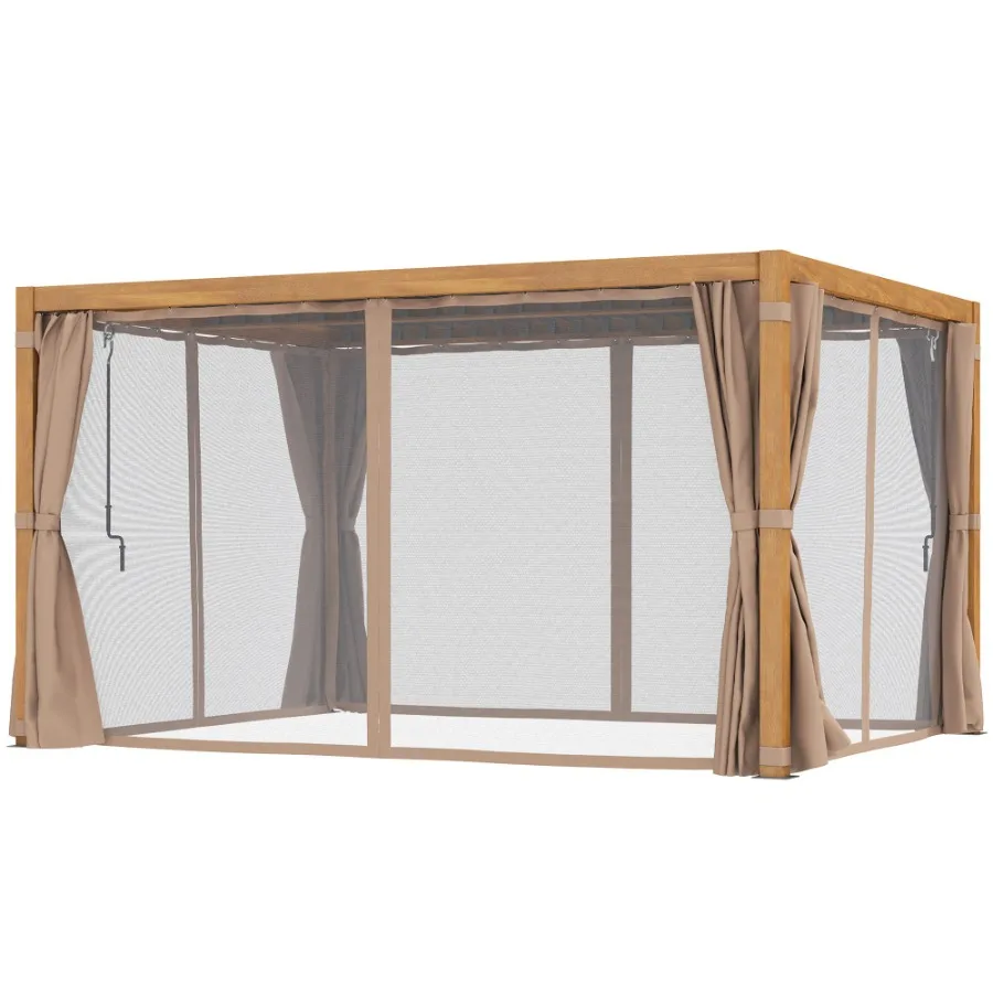 

10' x 13' Outdoor Retractable Pergola w Sun Shade Louvered Top Pergola w Canopy Curtains Netting Natural Wood