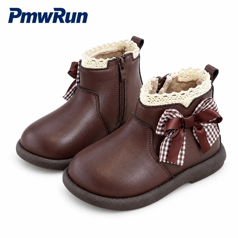 Korean Style Plush Boots For Girls PU Leather Waterproof Kid's Snow Footwear Anti-slippery Cute Bow Children's Cotton Shoes