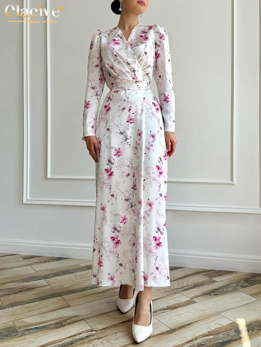 

Clacive Fashion Loose Print Dresses For Women 2026 Spring V-Neck Long Sleeve Ankle Length Dress Elegant High Waist Female Dress