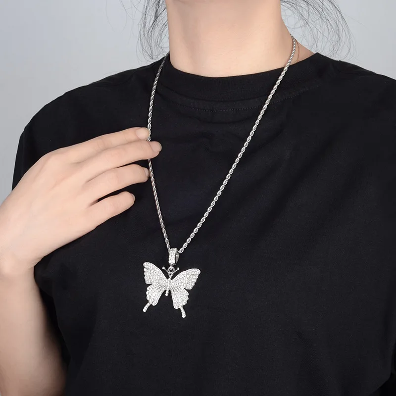 

Iced Out Sparkling rhinestones Butterfly Pendant Necklace Stainless Steel Men women Hip Hop Rock Jewelry Party Gifts