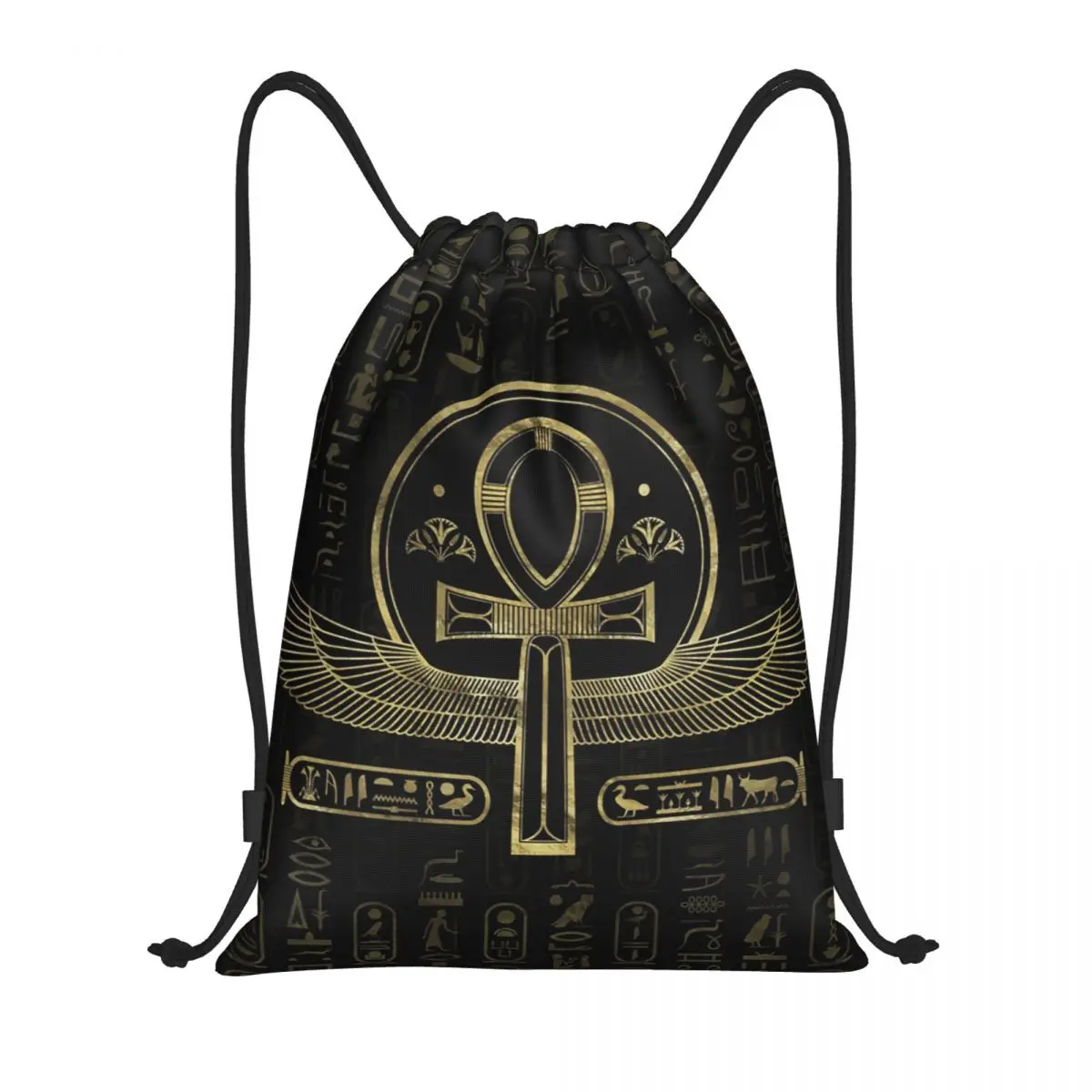 Egyptian Cross Drawstring Backpack Sports Gym Bag for Men Women Hieroglyphs Shopping Sackpack