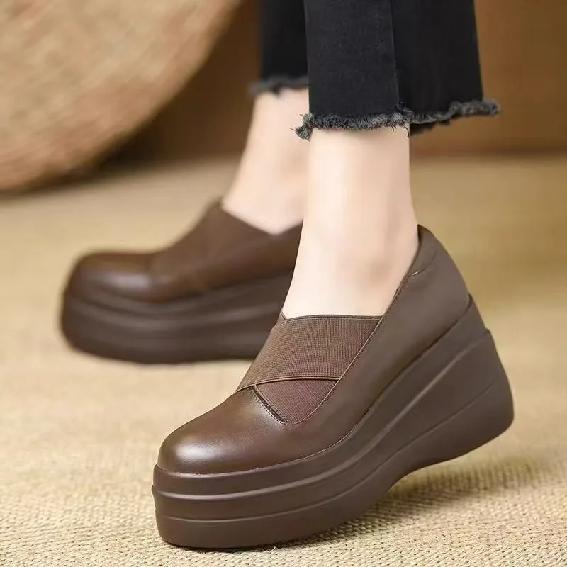 Women's Vintage Wedge Heel Loafers Fashion Slip On Single Shoes Outdoor Soft Sole Comfortable Versatile Women Casual Work Shoes