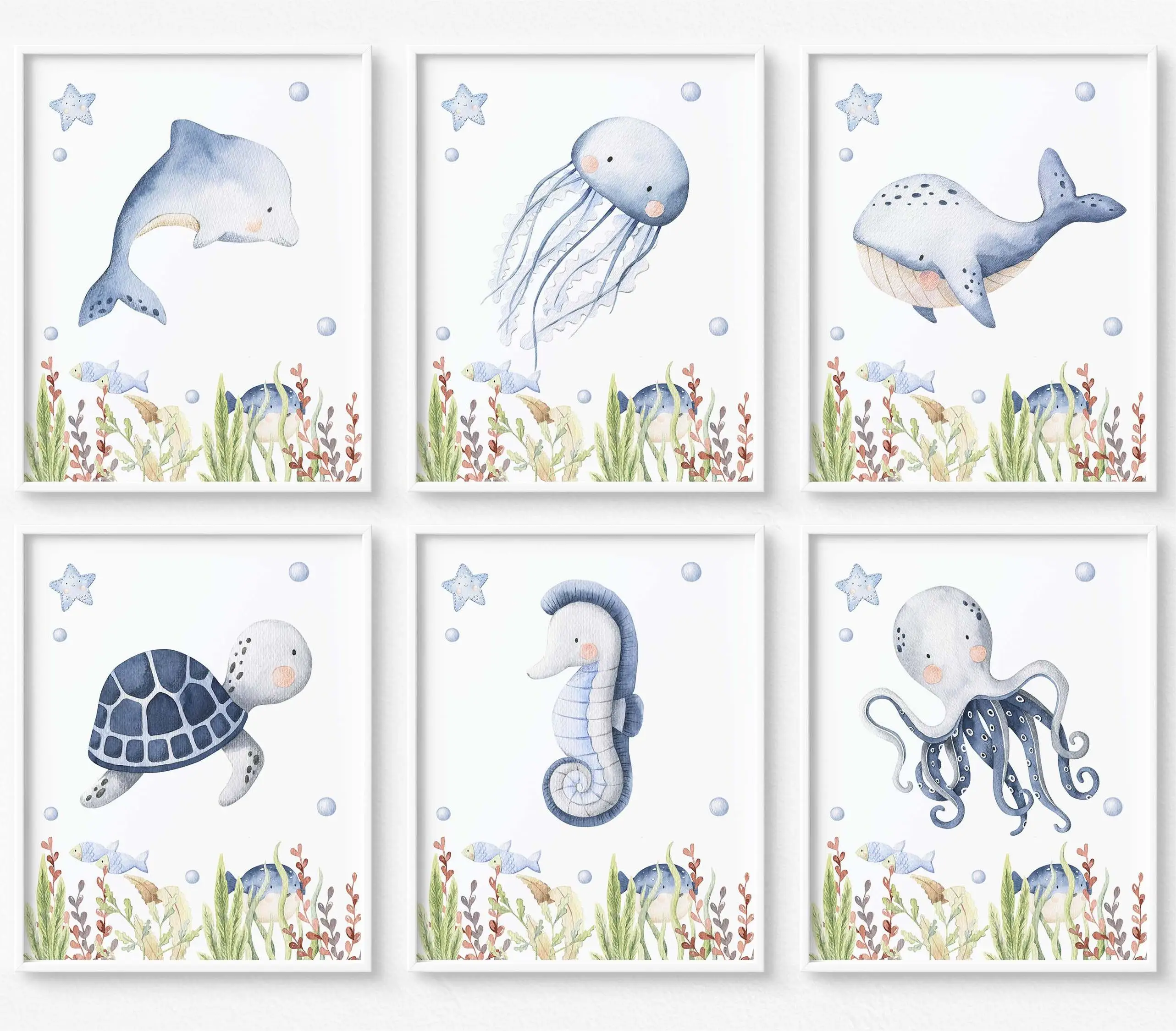 Modern Cartoon Sea Underwater Animals Whale Jellyfish Posters and Prints Canvas Printing Wall Art Picture for Living Room Decor