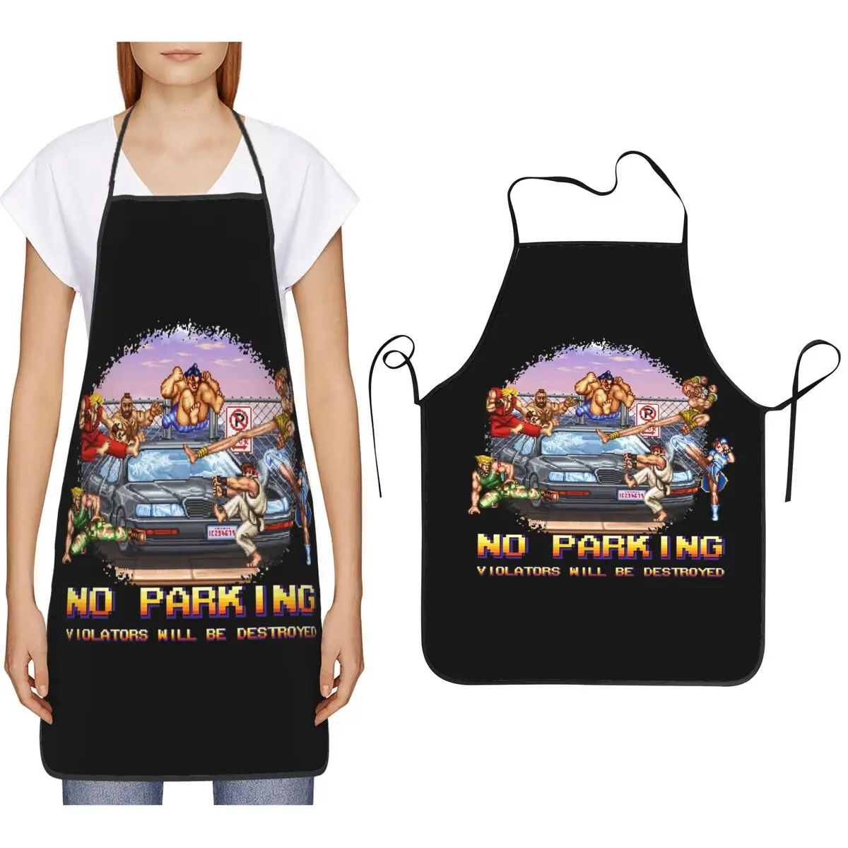 No Parking Violators Will Be Destroyed Street Fighter Game Apron Chef Cooking Baking Tablier Bib Kitchen Cleaning Pinafore
