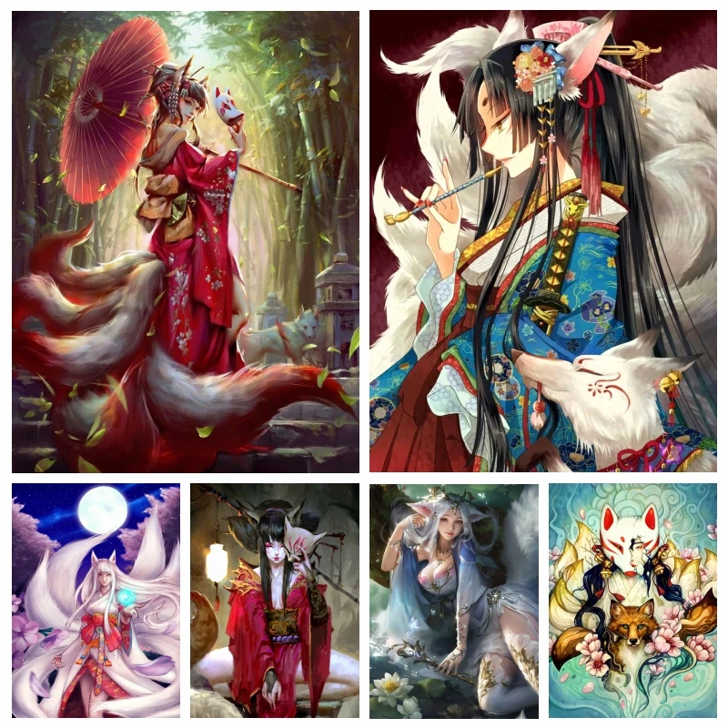 

Fantasy Nine Tail Fox Fairy AB Diamond Painting Art Japanese Kitsune Woman Crystal Mosaic Cross Stitch Home Decor Handwork Gift