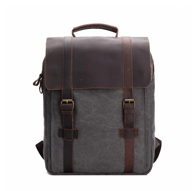 

Canvas Backpack with Crazy Horse Leather Cover Shcool Backpack Boys Girls Canvas Backpacks Grey Travel Bagpack Daypack