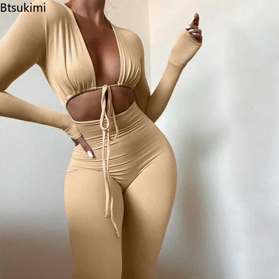 2025 Women's Summer Y2K Black Jumpsuits Bandage Tie Sexy Hollow Out Long Sleeve Bodycon Gothic Sexy Pants Suits Clothes Female