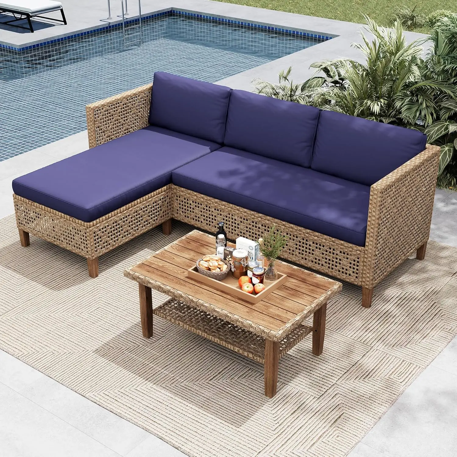 

Wicker Patio Furniture Set, L Shaped Outdoor Couch Set, Rattan Outdoor Sectional Sofa With Wood Coffee, Customized
