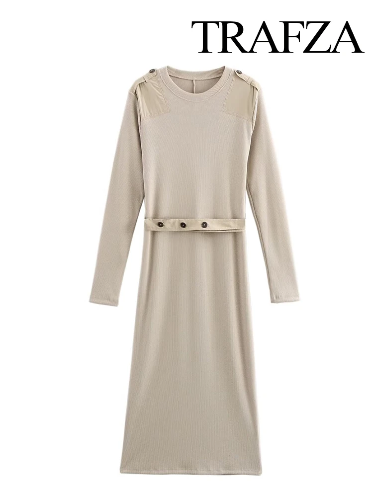 

HH Women Fashion Vintage Solid Crew Neck Splicing Knitted Long-Sleeved Dress Female Elegant Slimming Belt Knee-Length Dress