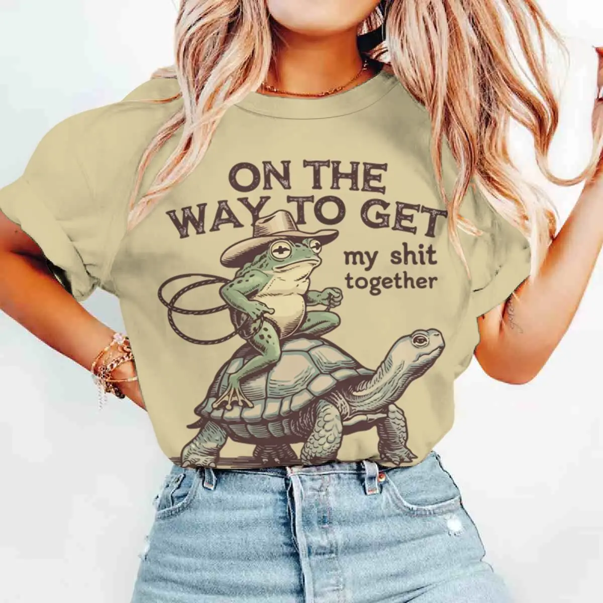 

Women's Funny Turtle Frog T-shirt Short Sleeve Fashionable and Versatile Ladies Crewneck Streetwear Vintage Animal Fun Tshirts