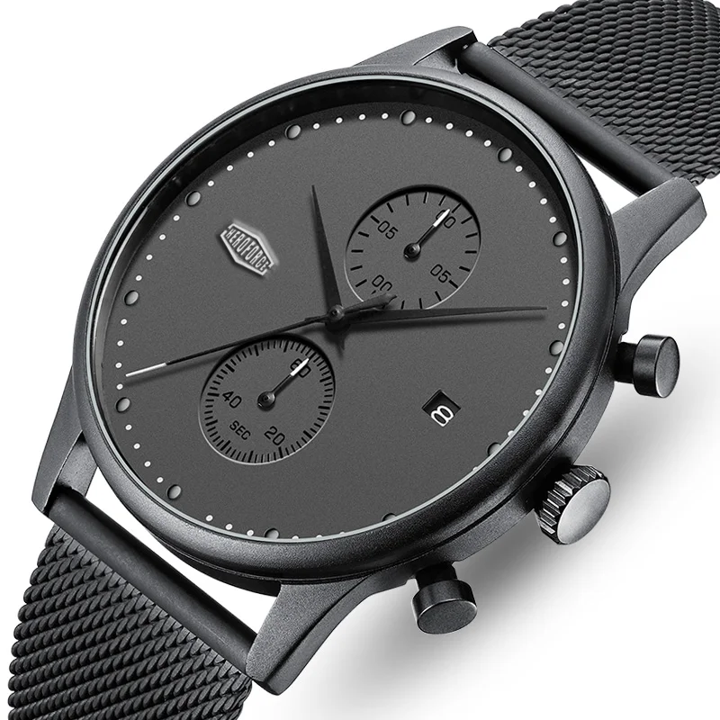 HEROFORCE Men's Minimalist Matte Black Stainless Steel Watch Chronograph Stopwatch Slim Case Comfortable Stainless Steel Mesh Strap Luminous Dial Calendar