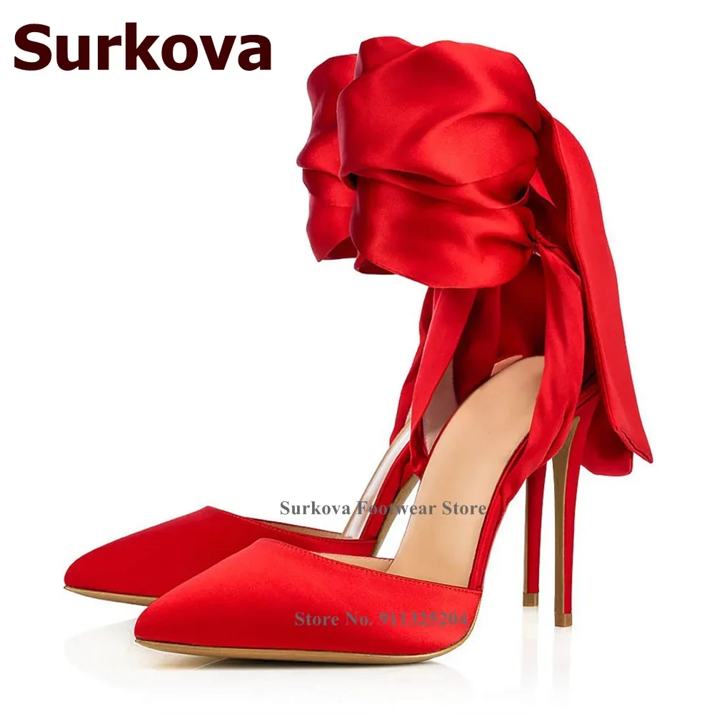 Surkova Hot Pink Red Silk Fabric Wedding Shoes Big Bowtie Lace-up High Heel Pumps Shallow Butterfly-knot Party Shoes Size46