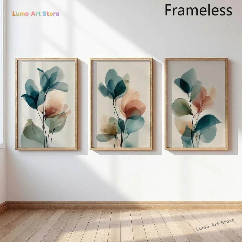 2D Flat, 2D Flat 3pcs Botanical Teal Dusty Rose Abstract Floral Poster Set, Japandi Watercolor Botanical Decor Festival Gift,