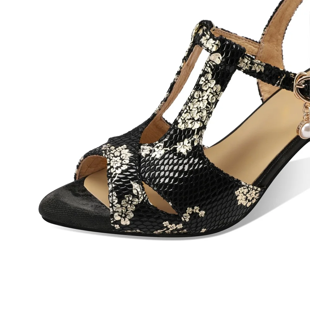 【EUNICE YUN】Elegant Women Genuine Leather Sandals Flower Heels Office Party Summer Buckle T Strap Ladies Shoes 34-40