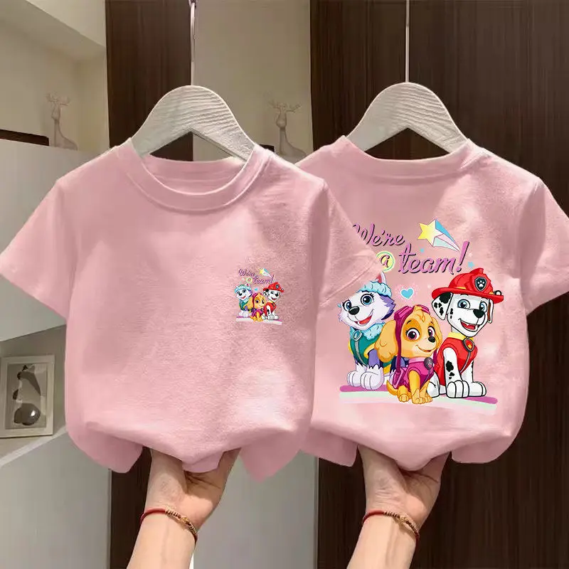 Double‑Sided PAW Patrol Kids T‑Shirt Pink Cartoon Dog Print Short Sleeve Tees For Girls Summer Casual Toddler Children Tops