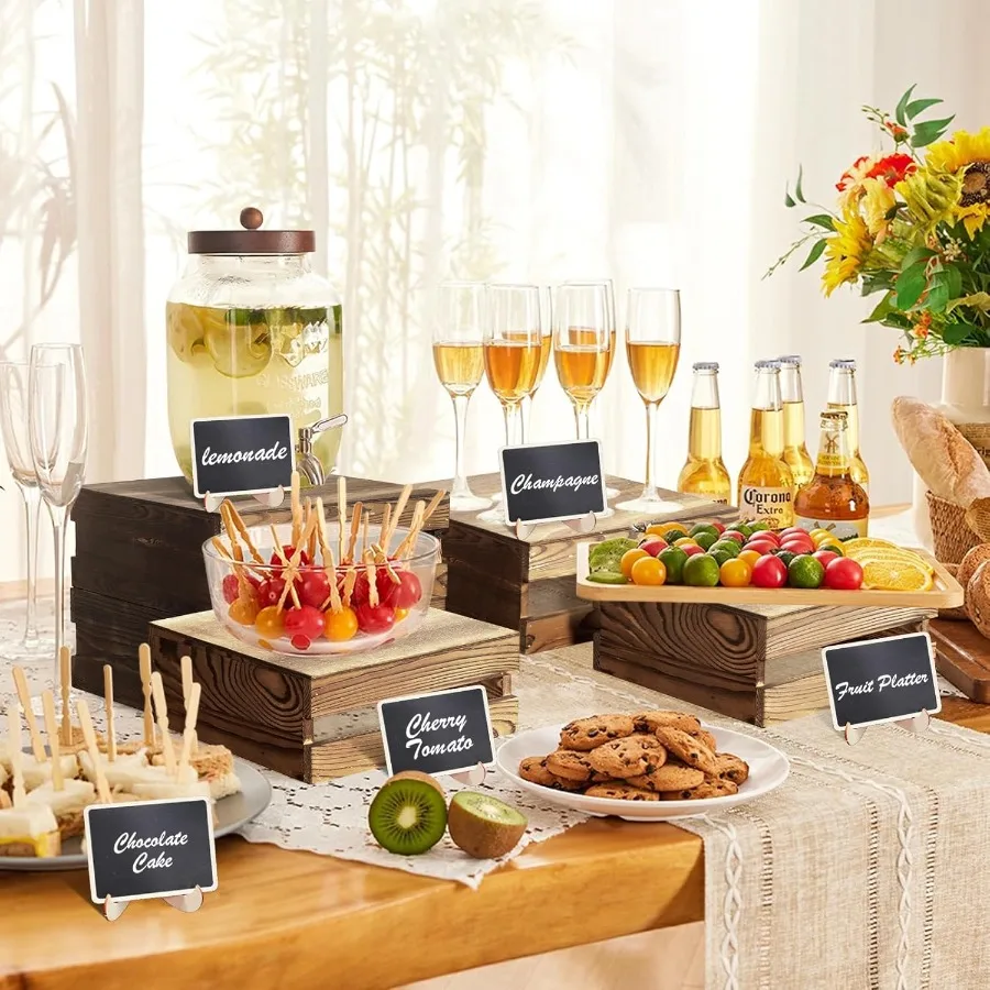 6 Pcs Buffet Risers with Mini Signs Rustic Wood Cake Stands Food Risers for Buffet Table Dessert Display Stand Wood Crates Rust