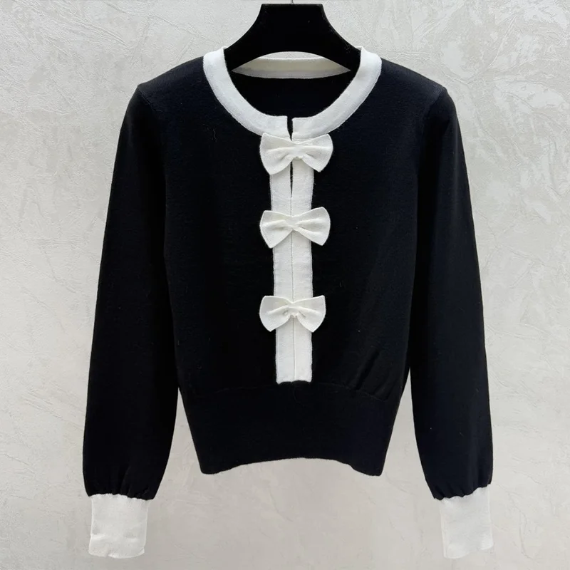 

High quality Woolen Knitwear Women's Bow Cardigan Color blocked Sweater new elegant woman clothes 25122201