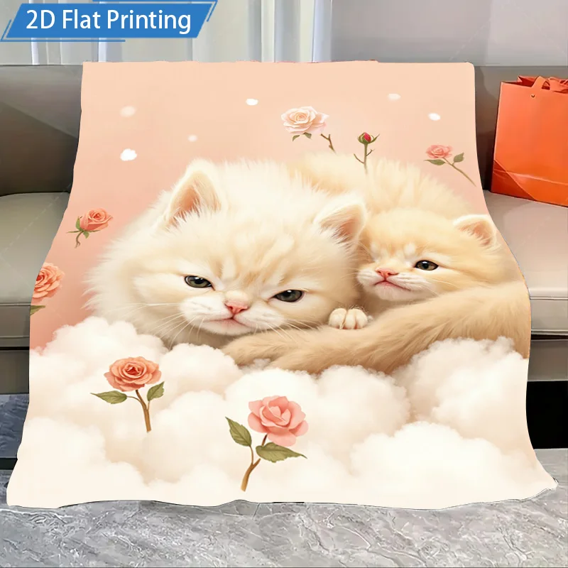 1 قطعة بطانية الفانيلا القطط لطيف على الغيوم الأزهار طباعة بطانية لينة مريحة الفراش رمي غطاء #1