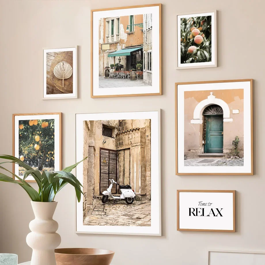 

Vintage Building Street Door Peach Wall Art Canvas Painting Nordic Posters Prints Landscape Wall Pictures For Living Room Decor
