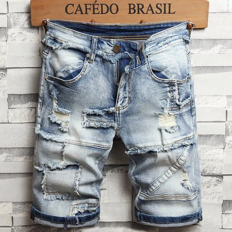 

New Vintage Retro Ripped Trendy Brand Denim Shorts Men's Summer Thin Medium Breeches Ripped Cowboy Distressed Short Pants Men