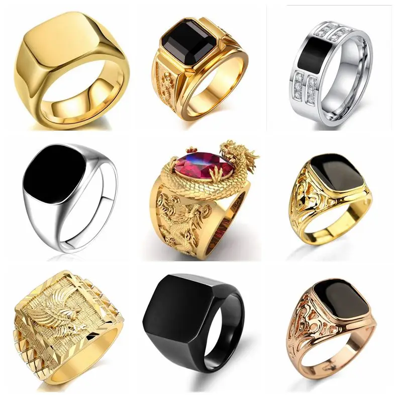 Signet Square Finger Rings For Men Punk Style Collection Gold Color Width Biker Ring Party Wedding Jewelry Wholesale