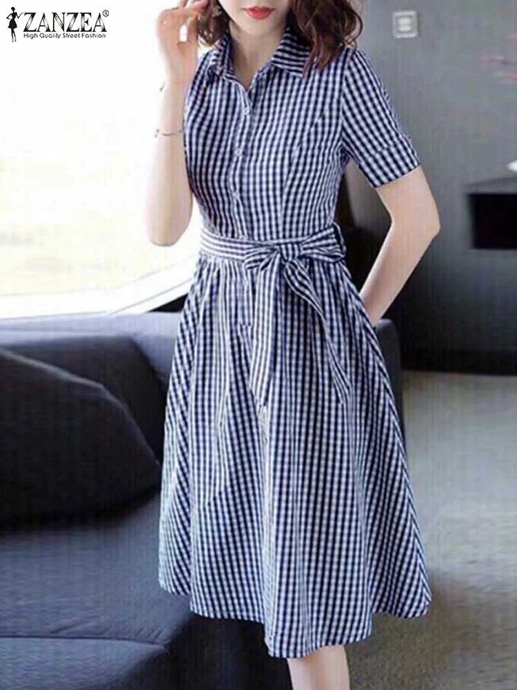 ZANZEA Women Plaid Checked Shirt Dress Fashion Office Commuting Sundress Casual Short Sleeve A-line Belted Dress Oversize Robes