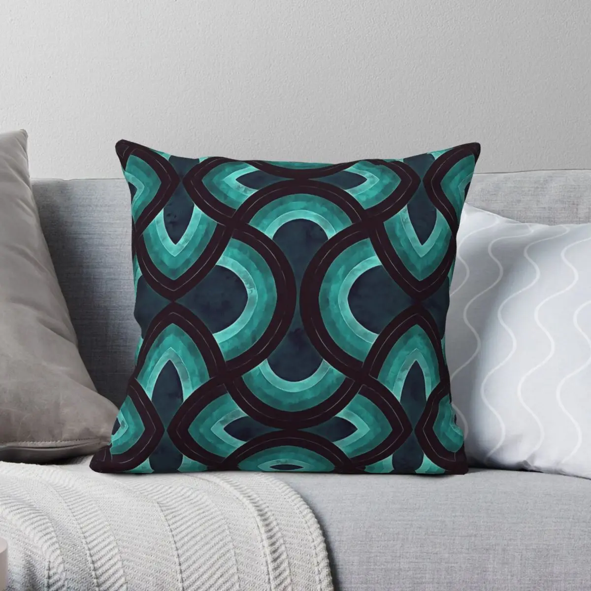 Rainbow Retro Curves Black Teal Square Pillowcase Polyester Linen Velvet Pattern Decorative Throw Pillow Case Room Cushion Cover