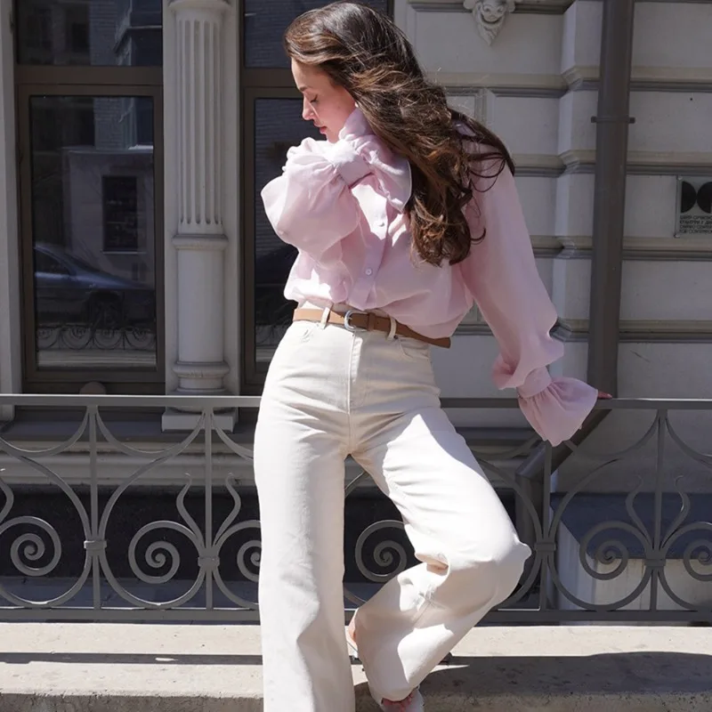 Camisas transparentes holgadas informales para mujer, blusa de retazos de manga larga con solapa de otoño, ropa de calle, camisas sólidas para mujer, Top