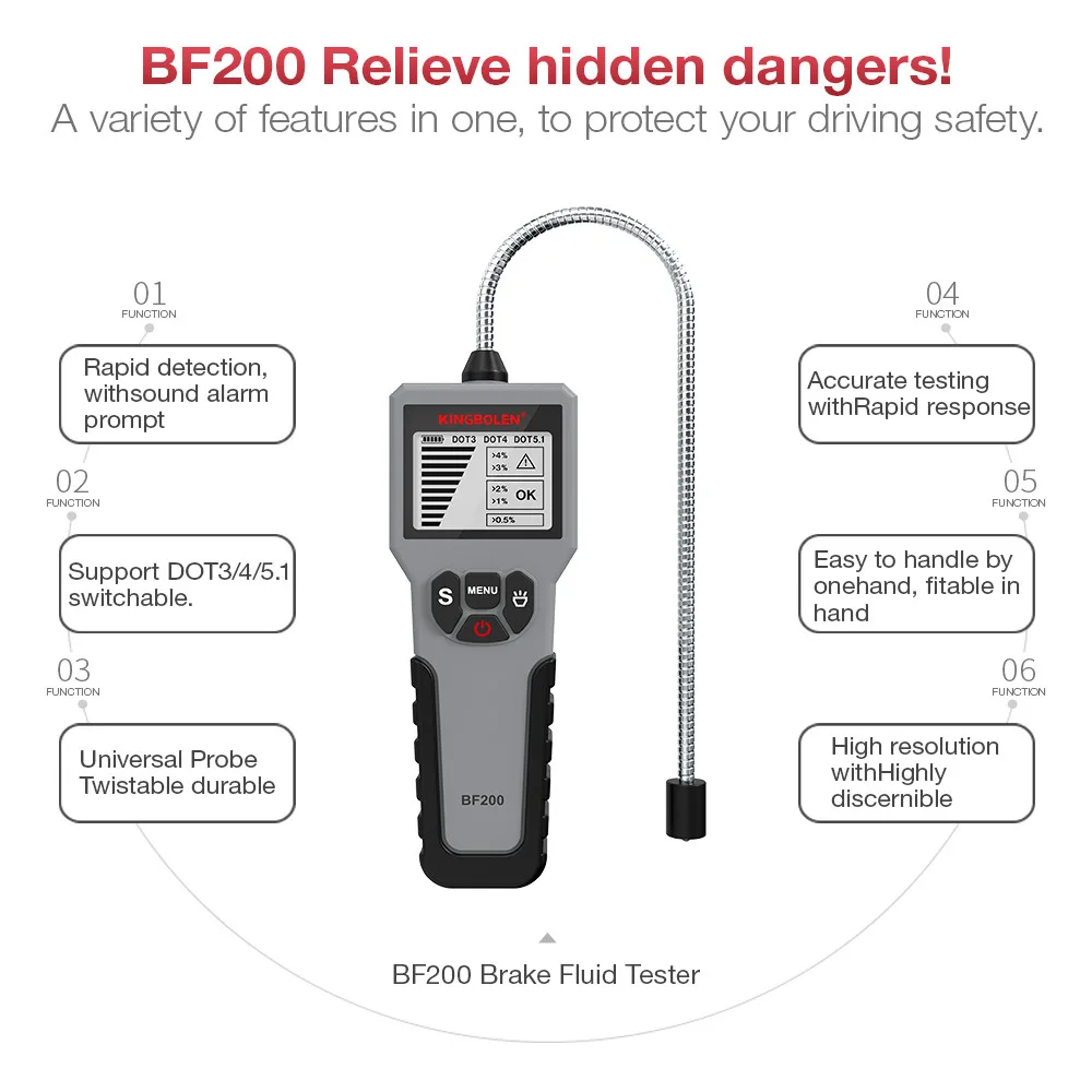 12V Digital Brake Fluid Tester BF100 BF200, LED Indicator Auto Brake Oil Moisture Check Tool, Compatible With DOT3 DOT4 DOT5.1