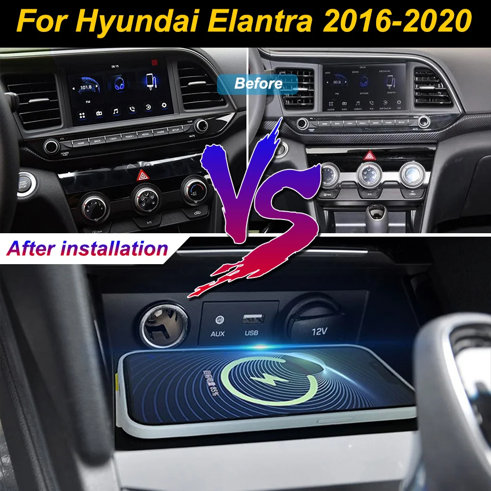 Carregador de celular sem fio 2 Din para Hyundai Elantra 2016-2020, com compartimento de armazenamento no console central, placa de carregamento rápid