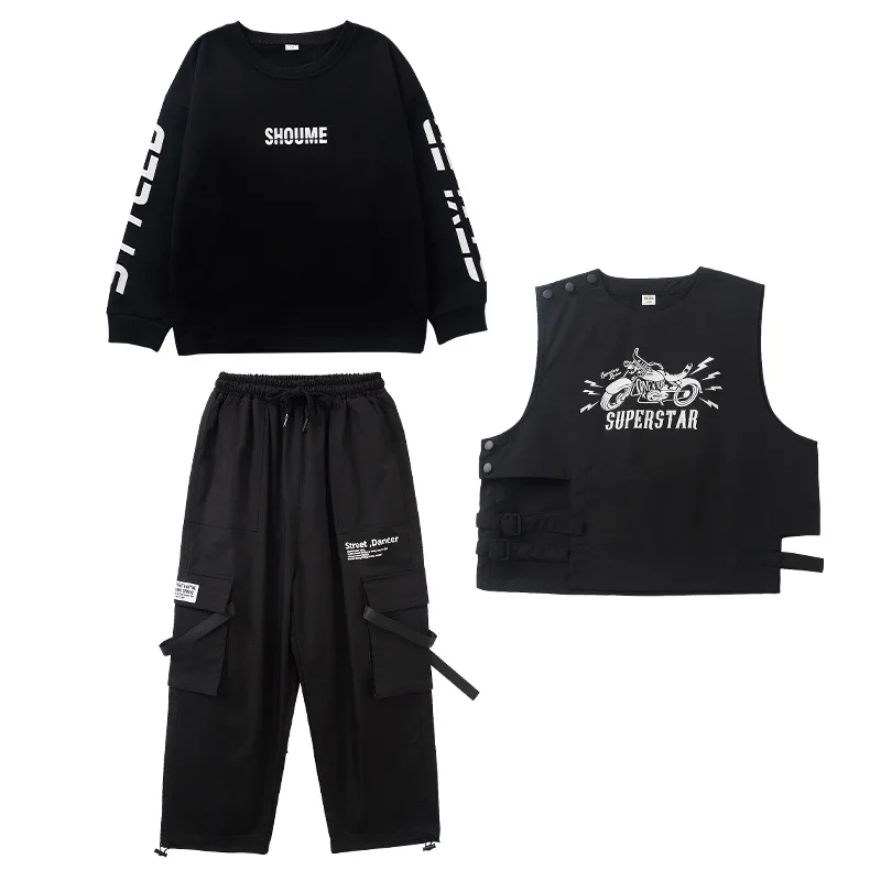 Criança kpop hip hop roupas preto moletom colete topo casual streetwear calças de carga para meninas meninos jazz dança traje roupas