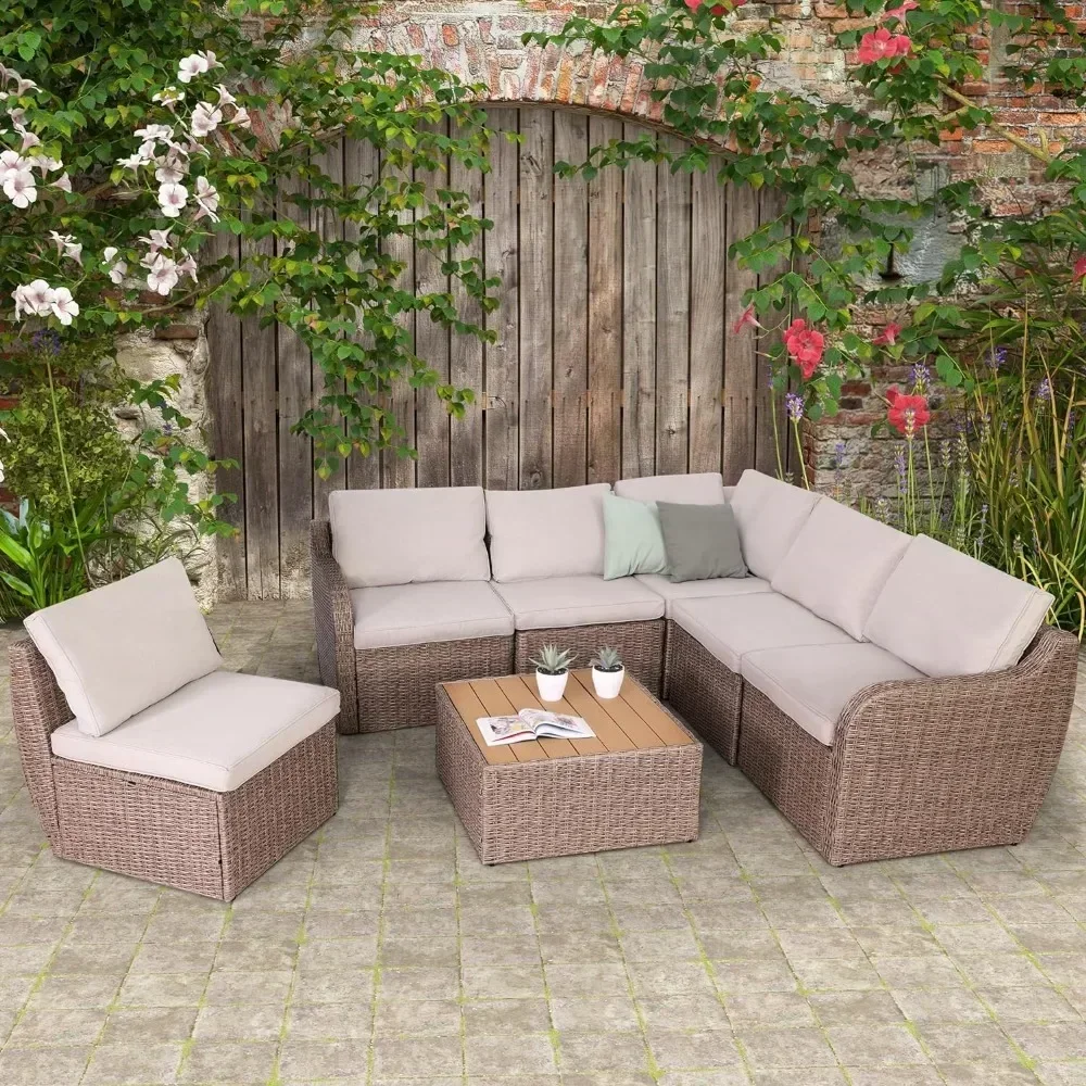 Garden Sofas, Outdoor Conversation Set with Waterproof Cushion and Coffee Table for Garden, Backyard Khaki Garden Sofas