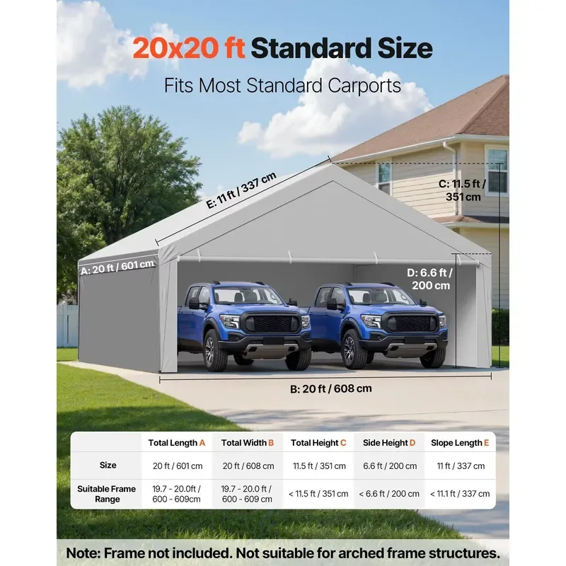 20 X 20 ft UV-Resistant Waterproof Heavy Carport Replacement Canopy Potable Garage Tent Top Tarp Sidewalls Grey Frame