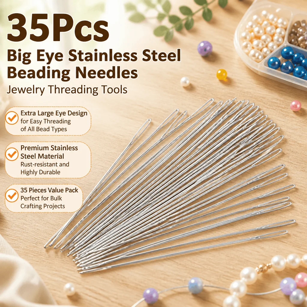 Beading Needles Big Eye 35Pcs Stainless Steel Extra Large Eye Needles For Jewelry Making DIY Crafts Threading Beading Tools Set
