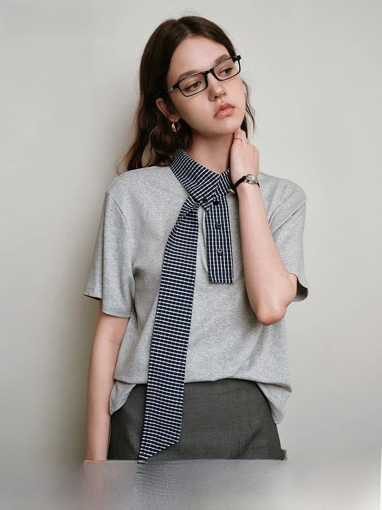 

OLrain Commuter Sle ort Sve T-irt Patchwork Plaid ey High Contrast Summer New Arrival Women's Straight Cut Cotton ...