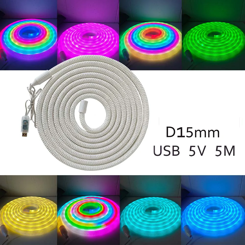 WS2812 D15mm Dragon LED Neon Tube USB 5V With 24-key Remote Control, RGB Programmable Color-changing Flexible Neon Lamp, Durable