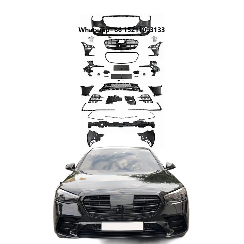Car Front Bumper Body Kit for S Class W223 Regular Upgrade to Sport Style Retrofit 2021- Glossy Black Chrome