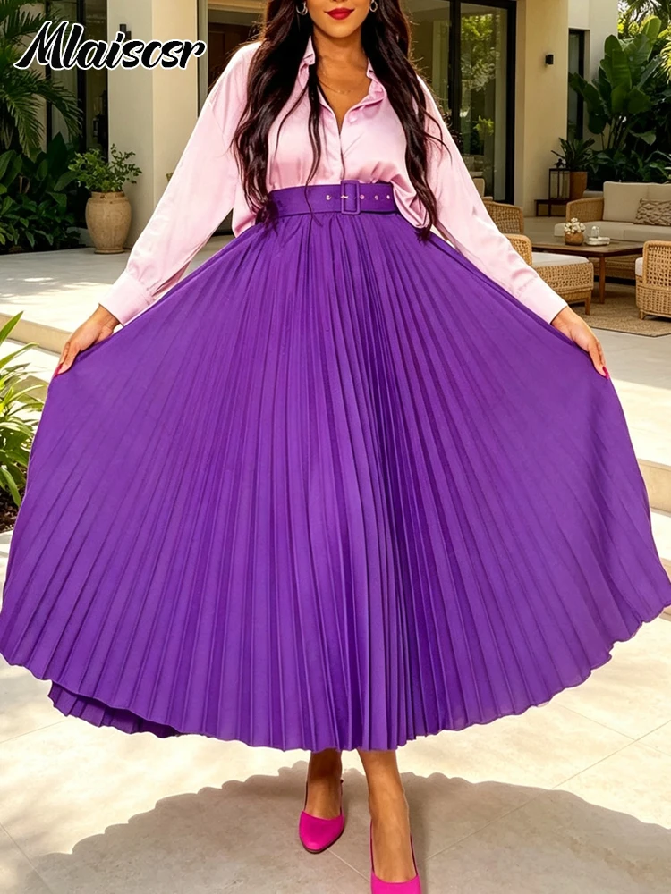 Mlaiscsr African Elegant Purple Pleated Midi Skirt for Women High Waist Flared Swing Skirt Office Church Party Wedding Guest