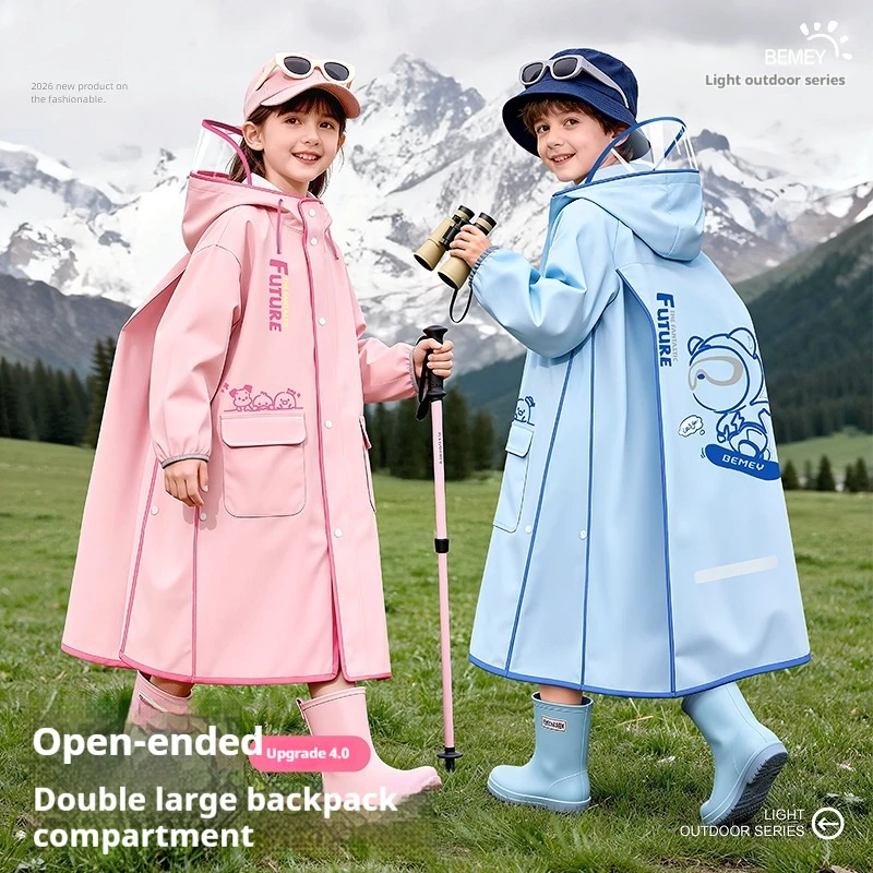 Raincoat Girl Boy With Schoolbag For Primary School Students Cute Rainstorm Windproof Long Poncho
