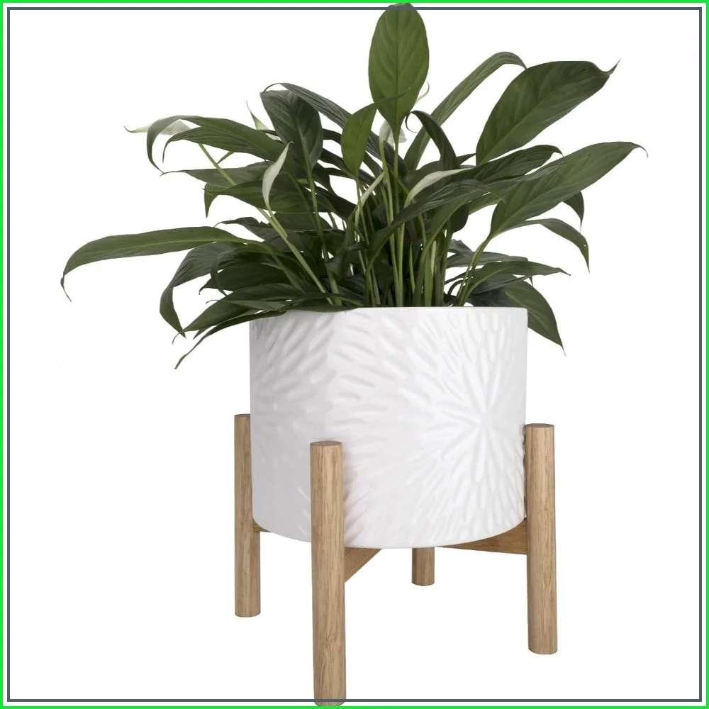 Elegant White Ceramic Planter with Wooden Stand