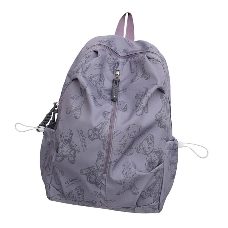 Stylish Unisex Travel Backpack with Zippered Large Capacity Bear Print School Bag for Books and Essential Nylon Daypack