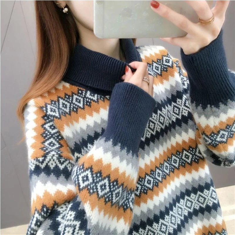 Vintage Turtleneck Warm Sweater Women Autumn Winter Fashion Striped Long Sleeve Knitwear Office Lady All-match Knitting Tops