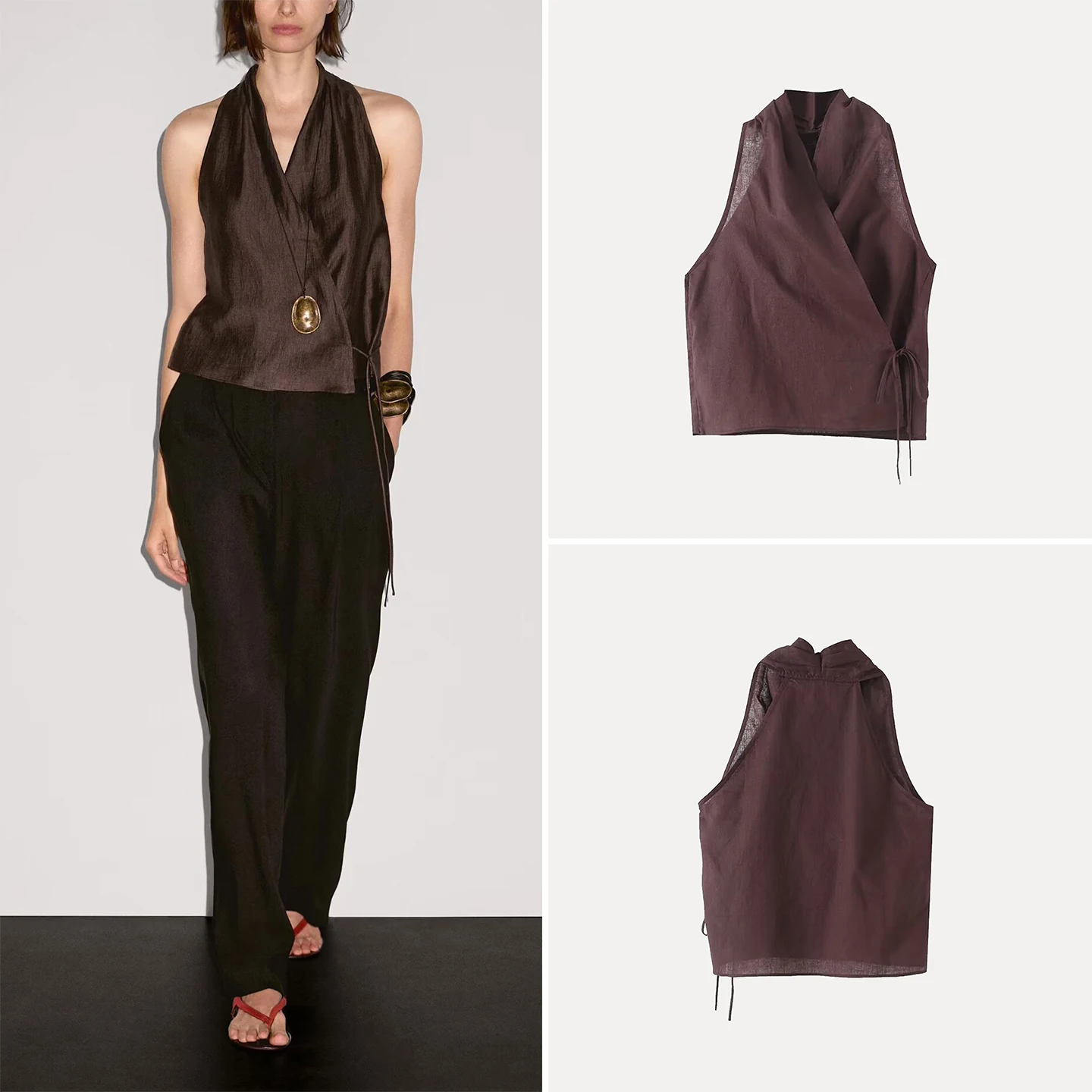 Ele Vintage Ne Hanging V-Ne Svel Top المرأة الصيف Faion ألياف البوليستر فضفاضة تناسب اللون ملابس غير رسمية #1