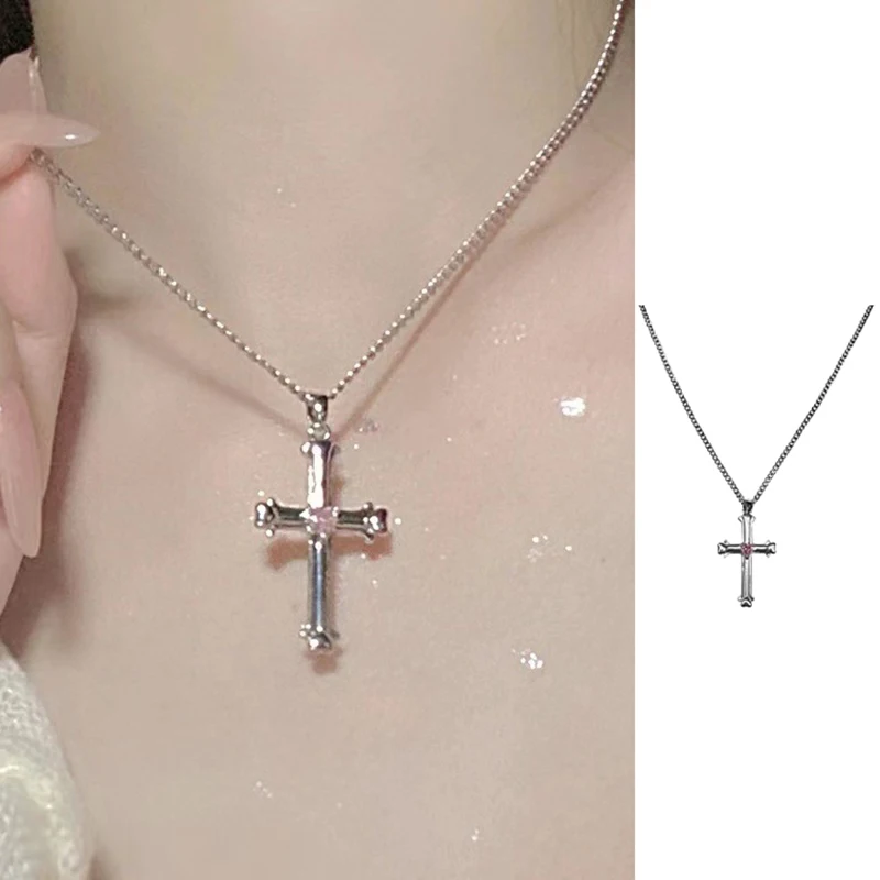 Fashion Harajuku Goth Punk Cross Pendant Necklace For Men Women Hip Hop Vintage Y2k Clavicle Chain Jewelry Accessories Gifts